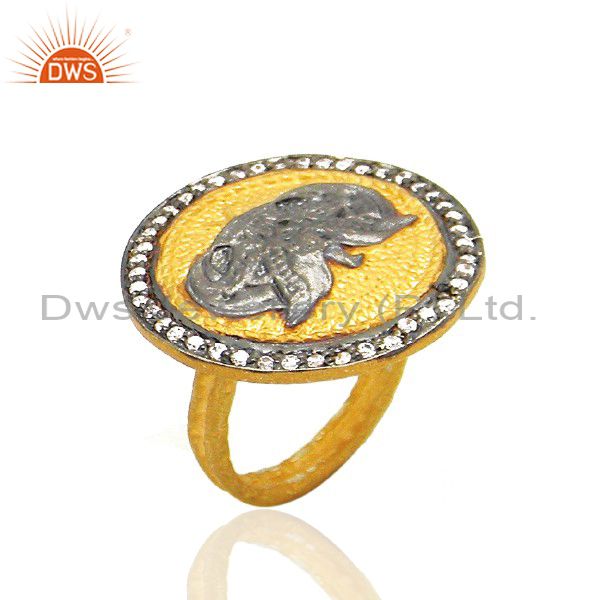 22K Yellow Gold Plated Brass Hammered Stack Cocktail Ring With Cubic Zirconia