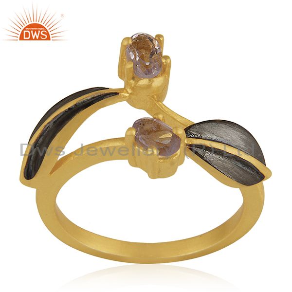 Indian Handmade 18k Yellow Gold Plated Over Brass Natural Gemstone Amethyst Ring