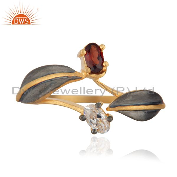 Natural Garnet Gemstone And Cubic Zirconia 18k Gold Over Brass Fashion Ring
