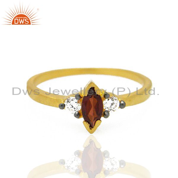 22K Yellow Gold Plated Brass Marquise Cut Garnet And Cubic Zirconia Ring
