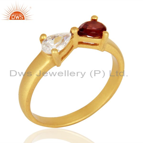 22K Yellow Gold Plated Brass Natural Garnet And Cubic Zirconia Fashion Ring