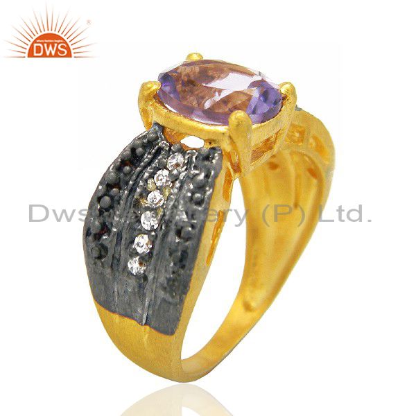 22K Yellow Gold Plated Brass Amethyst And Cubic Zirconia Fashion Ring