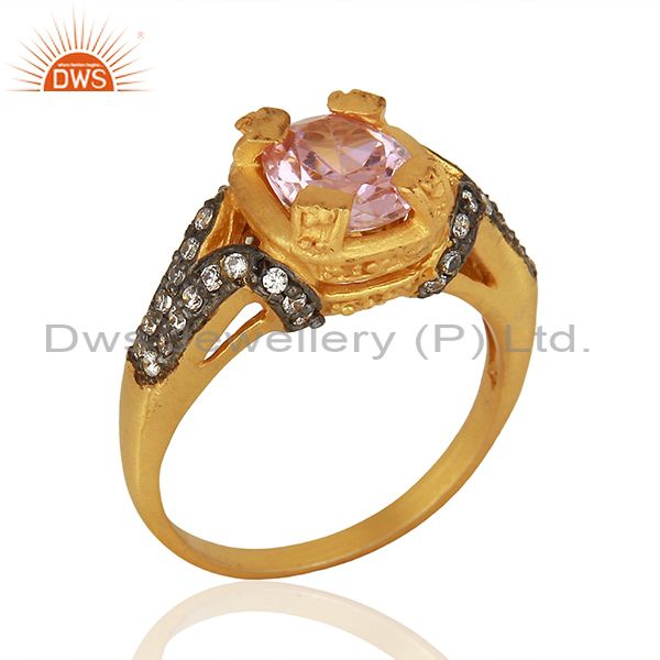 22K Yellow Gold Plated Brass Pink Cubic Zirconia Womens Fashion Ring