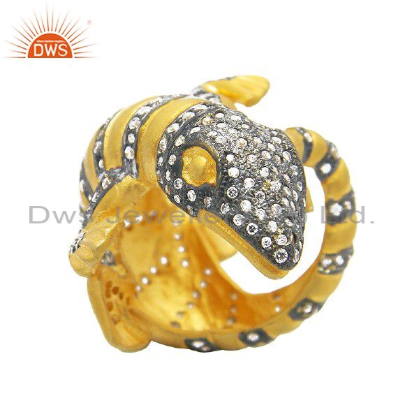 18K Yellow Gold Plated Brass White Cubic Zirconia Vintage Look Lizard Ring