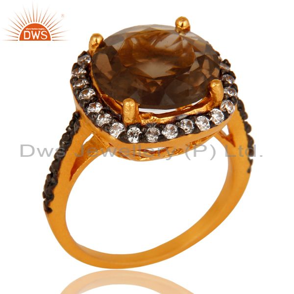 22K Yellow Gold Plated Brass Smoky Quartz And Cubic Zirconia Ladies Fashion Ring