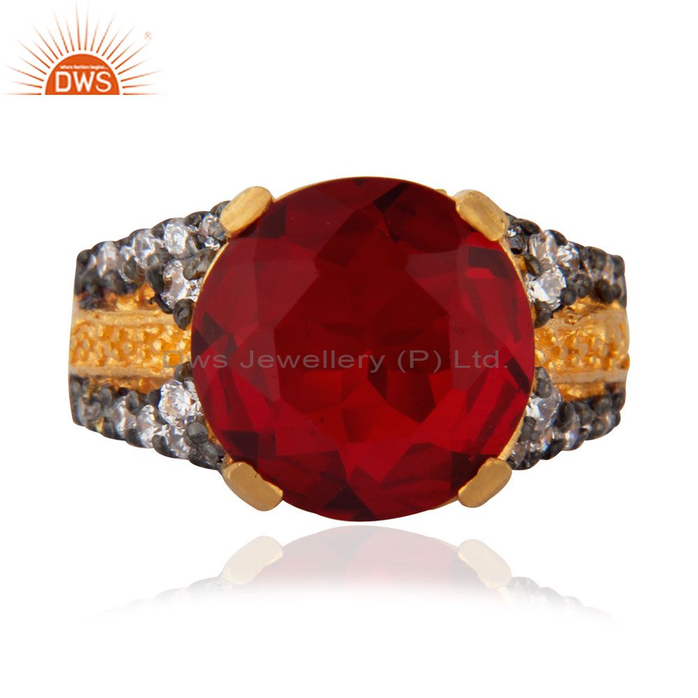 18K Yellow Gold Plated Red Glass & White Cubic Zirconia Fashion Ring For Women