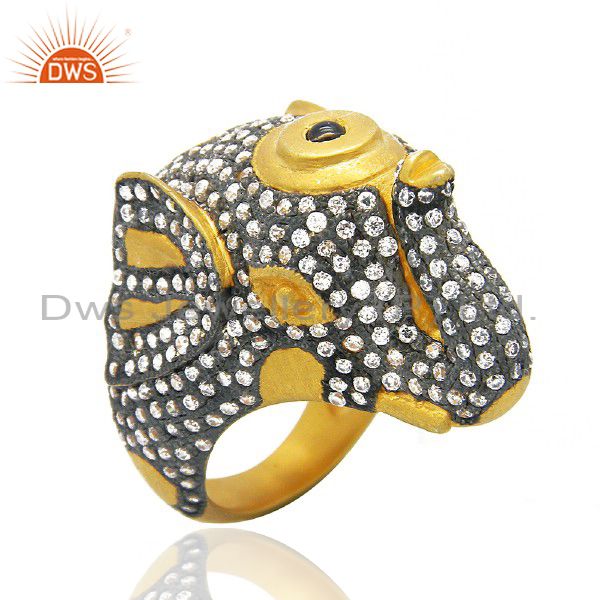 18K Yellow Gold Plated Brass Cubic Zirconia Vintage Look Elephant Cocktail Ring
