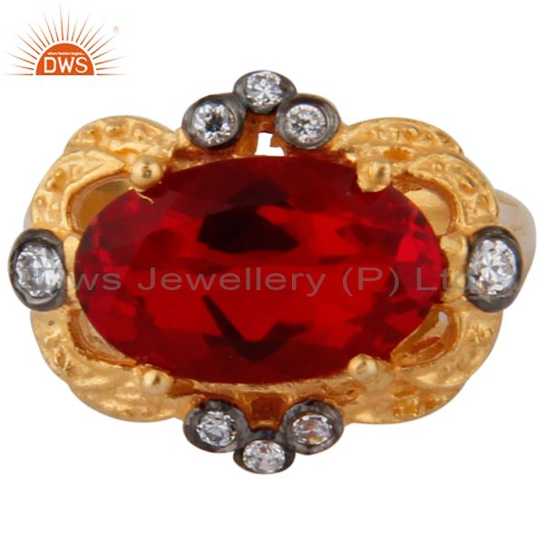 Classic 18k Yellow Gold Plated Pretty Solitaire Red Glass & Zircon Women Ring