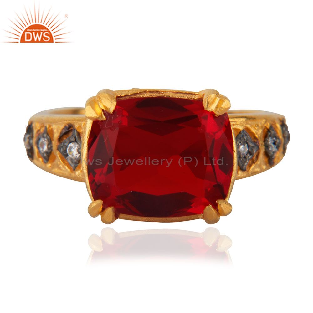 Dark Garnet Red Glass Cubic Zirconia 18K Yellow Gold Plated Ring Gift For Womens