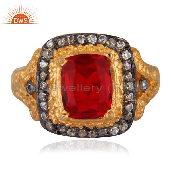 Antique 18K Yellow Gold Plated Simulated Cubic Diamond Red Glass Ruby Color Ring