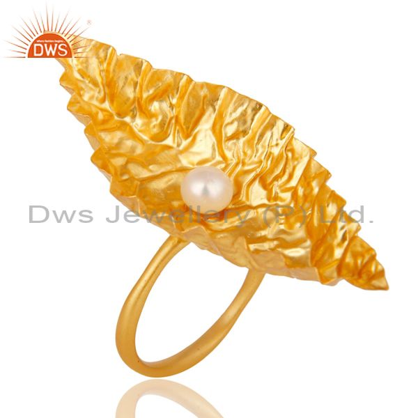 High Finishing 22k Yellow Gold Plated Brass Cocktail Ring With Pearl
