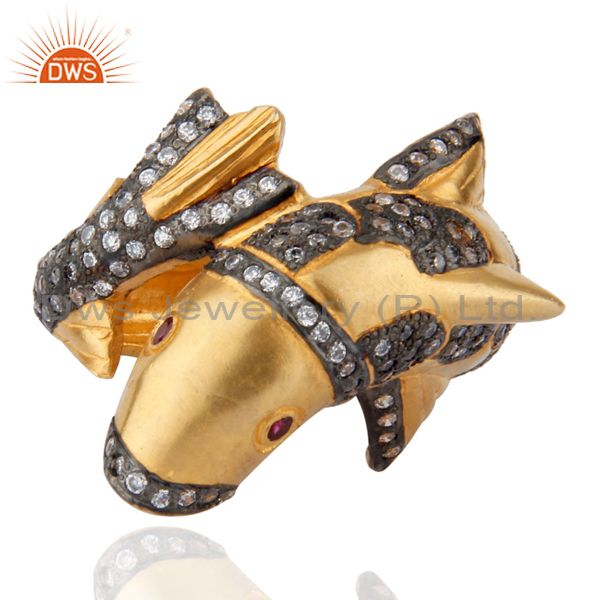 18K Yellow Gold Polished Red & White Zircon Dolphin Designer Fashion Ring Size 8