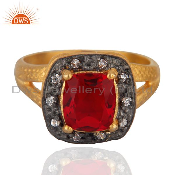 Handmade 18k Yellow Gold Over Brass Red Glass & Zirconia Solitaire Ring Jewelry