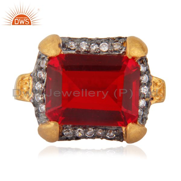 Cheap Fashion Garnet Color Red Glass Cocktail Yellow Gold Plated Zircon Ring sz