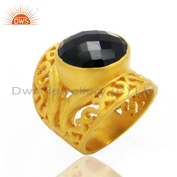 18K Yellow Gold Plated Brass Black Onyx Gemstone Filigree Design Dome Ring