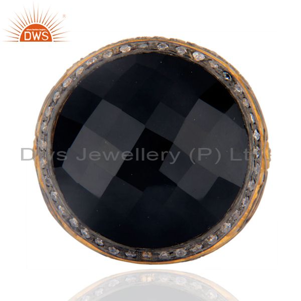 18K Yellow Gold Over Sterling Silver Black Onyx Gemstone Cocktail Ring With CZ