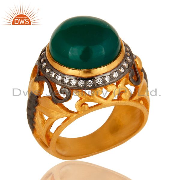 Green Onyx And White CZ Designer Ring In 18K Gold Plated Over Brass Jewelry
