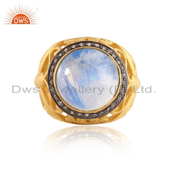 Natural Rainbow Moonstone 24k Yellow Gold Plated White Zircon Designer Ring