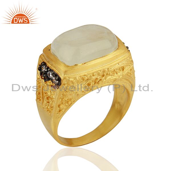 14K Yellow Gold Plated Brass Rainbow Moonstone Designer Ring With CZ
