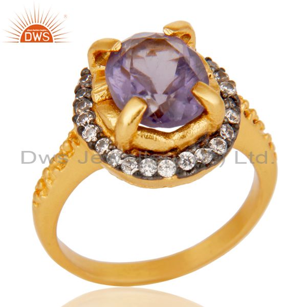 Natural Amethyst Prong Setting Gemstone White Zircon 18K Gold Plated Brass Ring