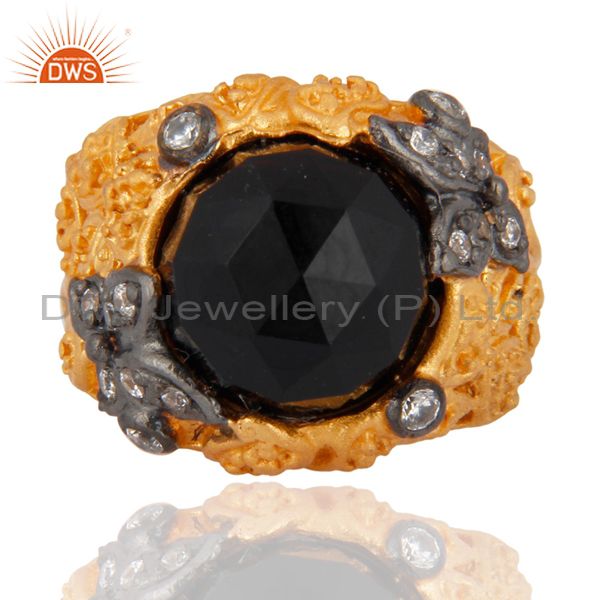 18K Yellow Gold Plated Black Onyx And Cubic Zirconia Cocktail Ring