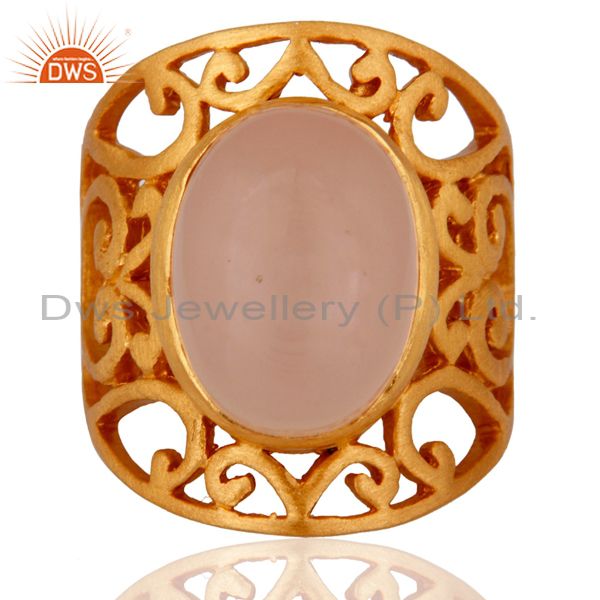 18-Karat Heavy Yellow Gold-Plated Natural Rose Chalcedony Gemstone Handmade Ring