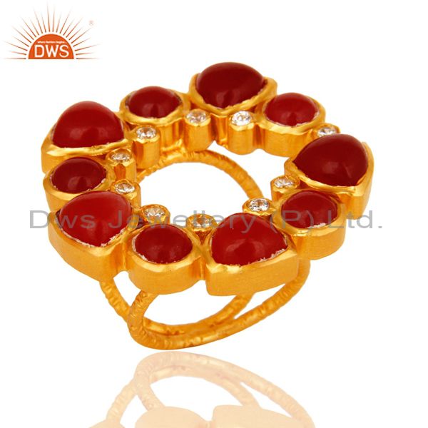 Natural Red Aventurine 22K Yellow Gold Plated Split Shank Ring With CZ