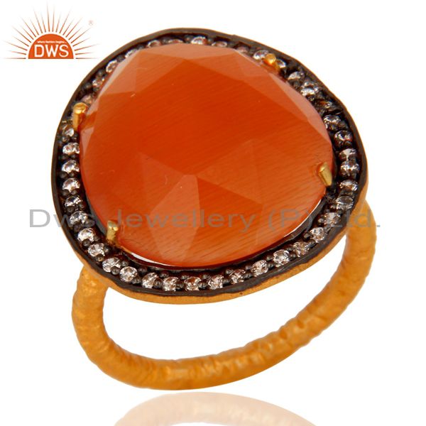 14K Yellow Gold Plated Peach Moonstone Gemstone CZ Accent Designer Ring