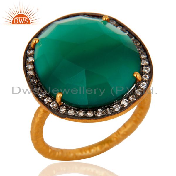 Natural Faceted Green Onyx Gemstone Prong Set 22k Gold Plated Ring With CZ