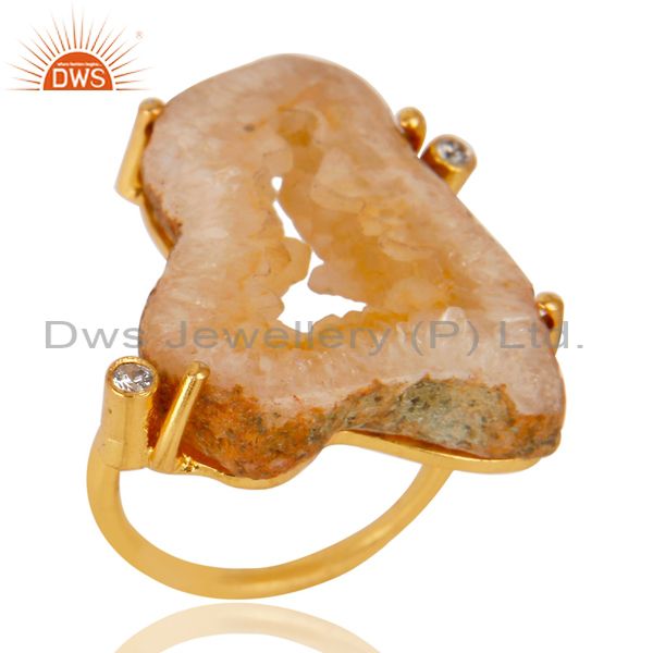 Natural Druzy Agate Prong Setting Yellow Gold Plated Cocktail Ring