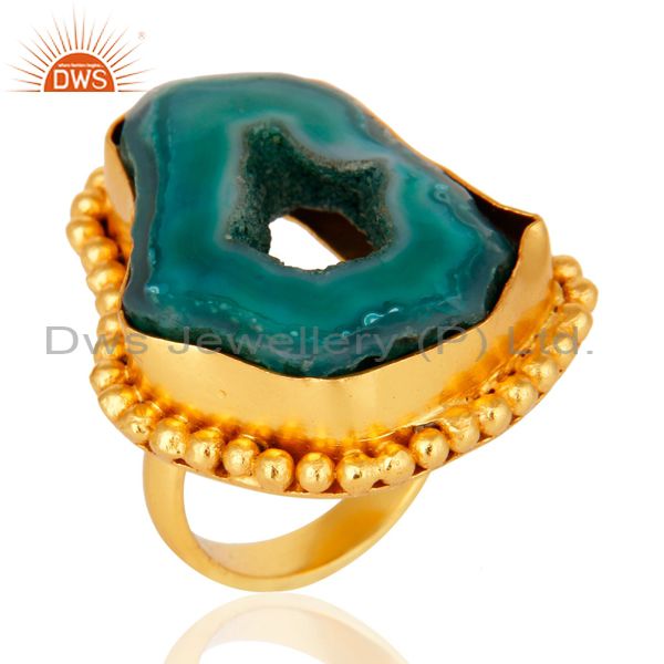 Natural Druzy Slice Yellow Gold Plated Handcrafted Brass Ring