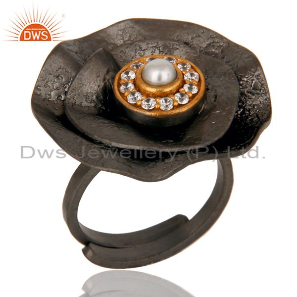 Pearl and White Zircon Black Oxidized Textured Folied Adjustable Ring