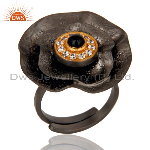 Black Oxidized Black Onyx and White Zircon Textured Folied Adjustable Ring