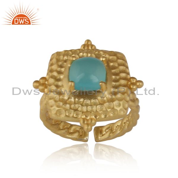Handmade Gold On Silver Square Ring Set With Aqua Chalcedony