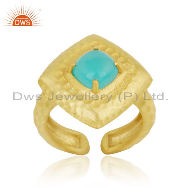 Hammered handcrafted fashion ring with gold on and aqua chalcedony