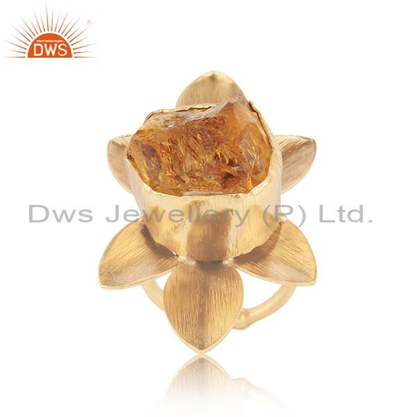 Textured Leaf Design Gold On Fashion Ring With Rough Citrine