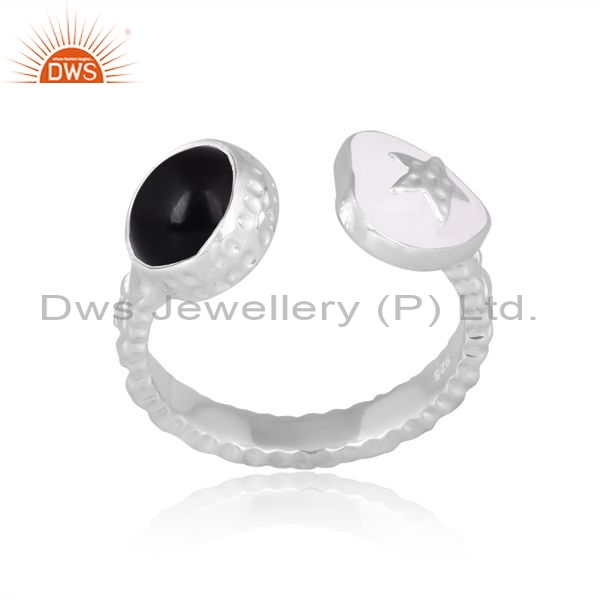 Sterling Silver White Ring With White Enamel And Black Onyx