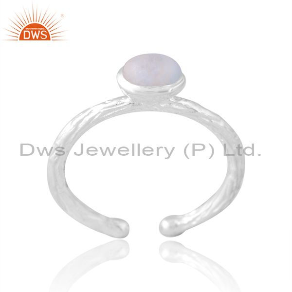 Silver White Ring With Oval Horizontal Rainbow Moonstone