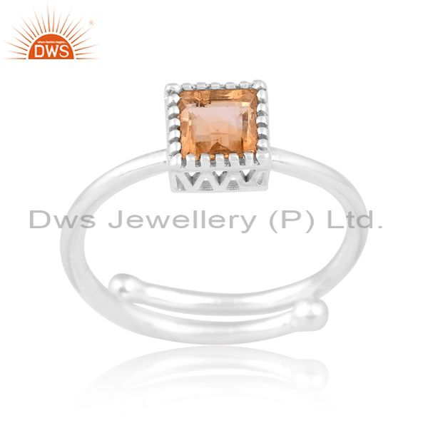 Citrine Acquire Cut Gem On White Sterling Silver Ring