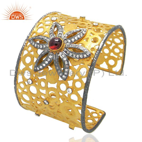 24k yellow gold plated brass designer wide cuff bracelet with white zircon