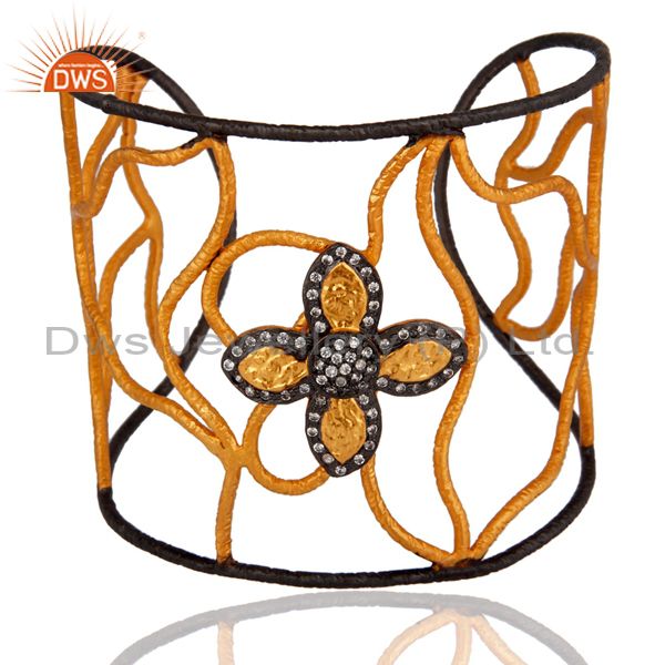 18k gold plated mesh flower designer cuff bracelet - bangle with cubic zirconia