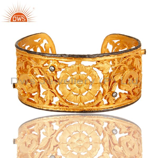18k yellow gold plated brass flower filigree wide cuff bracelet with cz