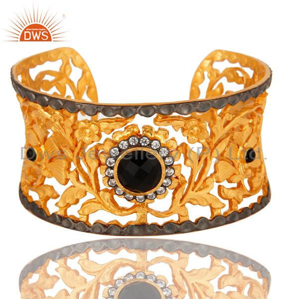 24k gold vermeil black onyx and cz handcrafted filigree wide cuff bracelet