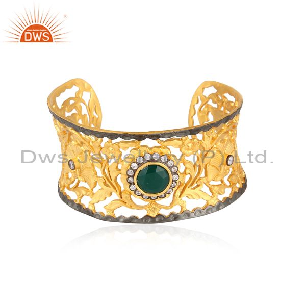 Green onyx and white zircon 18k yellow gold plated designer cuff bracelet