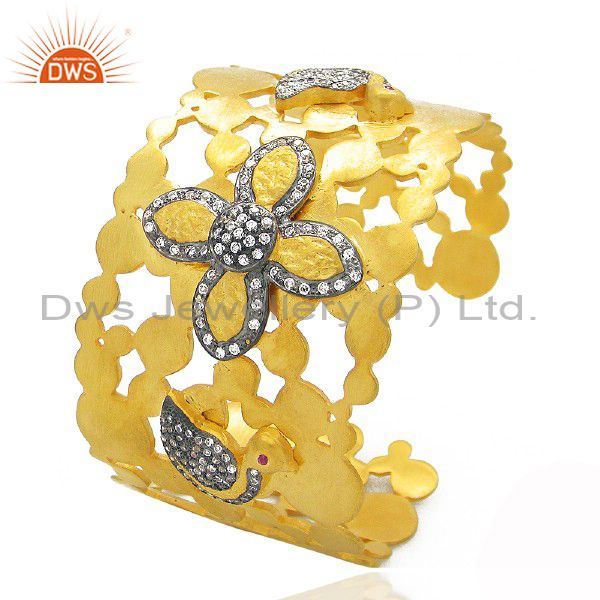 22k yellow gold plated brass cz filigree bridal fashion cuff bracelet bangle