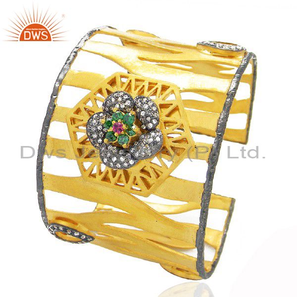 22k yellow gold plated brass multi cz designer cuff bracelet wide bangle
