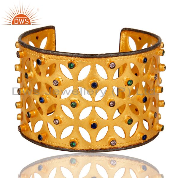 22k yellow gold plated brass multi color zircon bridal fashion cuff bracelet