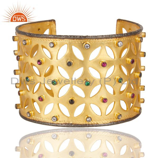 24k yellow gold plated multi cubic zirconia fashion wide cuff bracelet bangle