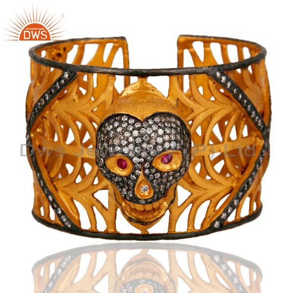 18k yellow gold plated on brass clear cubic zirconia skull cuff bangle bracelet