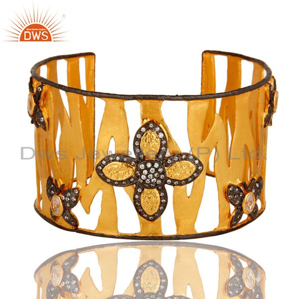 14k yellow gold plated brass matte finish wide cuff bracelet with cubic zirconia